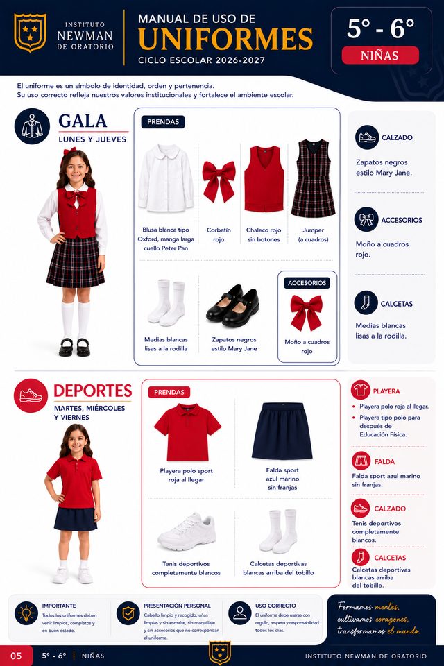 Tablero del uniforme de gala y deportivo para niñas de 5° a 6° — Instituto Newman, ciclo 2026–2027