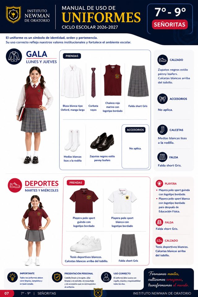 Tablero del uniforme de gala y deportivo para niñas de 7° a 9° — Instituto Newman, ciclo 2026–2027