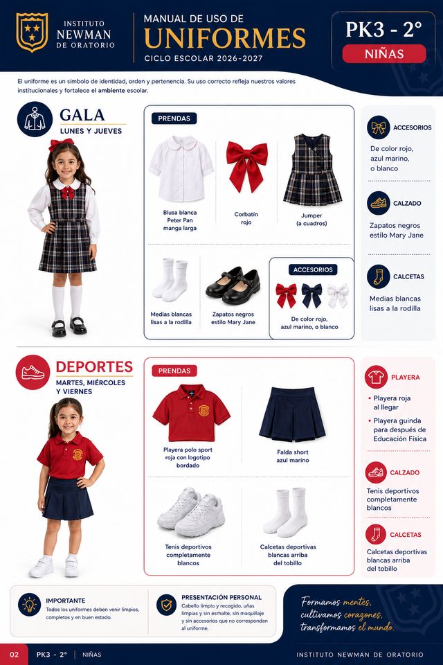 Tablero del uniforme de gala y deportivo para niñas de PK3 a 2° — Instituto Newman, ciclo 2026–2027