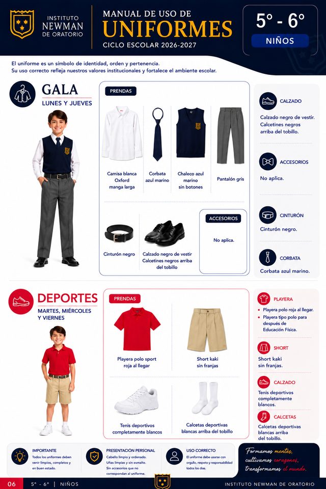 Tablero del uniforme de gala y deportivo para niños de 5° a 6° — Instituto Newman, ciclo 2026–2027