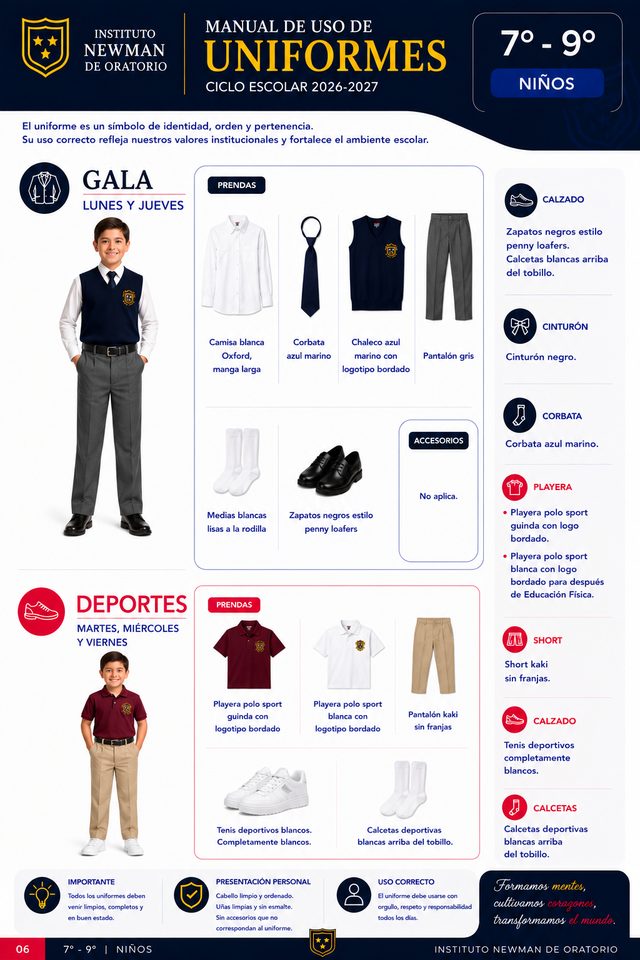 Tablero del uniforme de gala y deportivo para niños de 7° a 9° — Instituto Newman, ciclo 2026–2027
