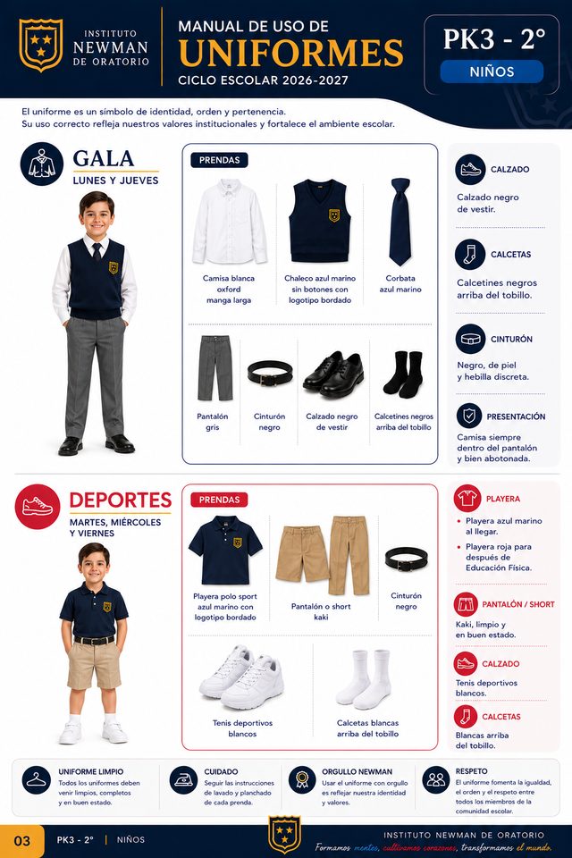 Tablero del uniforme de gala y deportivo para niños de PK3 a 2° — Instituto Newman, ciclo 2026–2027